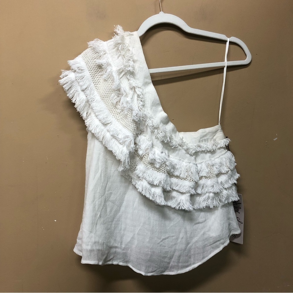 Chloe Oliver  The Bungalow Off White One Shoulder Fringe Boho Top NWT